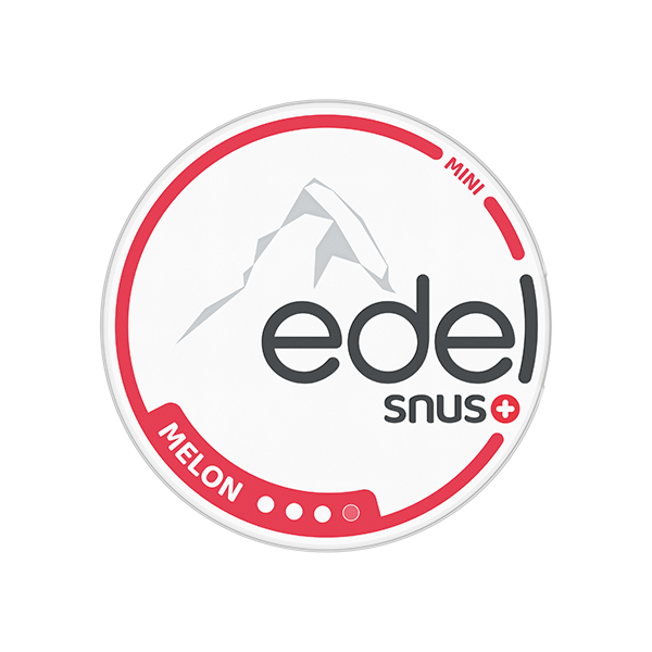 MELON AW Mini - White circular snus container with red accents, labeled "edel snus" and "MELON AW Mini".